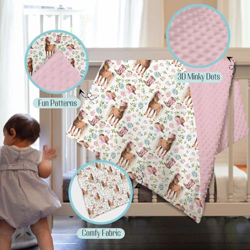 Image of Mink Baby Girl Blanket Western Cowgirl Pony Floral, Horse Pink Flower Hat Boot Soft Double Layer Dotted Backing Receiving Swaddle, Newborn Infant Toddler Nursery Crib Bedding Shower Gift 30x40