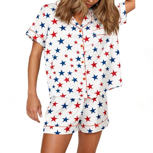 Image of Piacakece 4th of July Women Outfit Short Sleeve Button Shirt Matching Shorts Satin Pajama Sets Women July Fourth Clothes