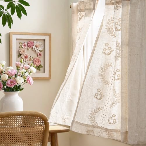 Image of jinchan Ivory Floral Linen Kitchen Tier Curtains 24 Inch, 2 Panels