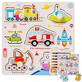 DELUXEFOX 木製パズル 子供 型はめパズル 赤ちゃん モンテッソーリ 玩具 知育玩具 パズル 2 3 4 5 歳 幼児早期開発 形合わせ 形認識 色認知 色彩感覚 脳トレ おもちゃ 男の子 女の子おもちゃ 幼稚園 入園 入学 お祝い プレゼント 誕生日プレゼント (交通 パズル)