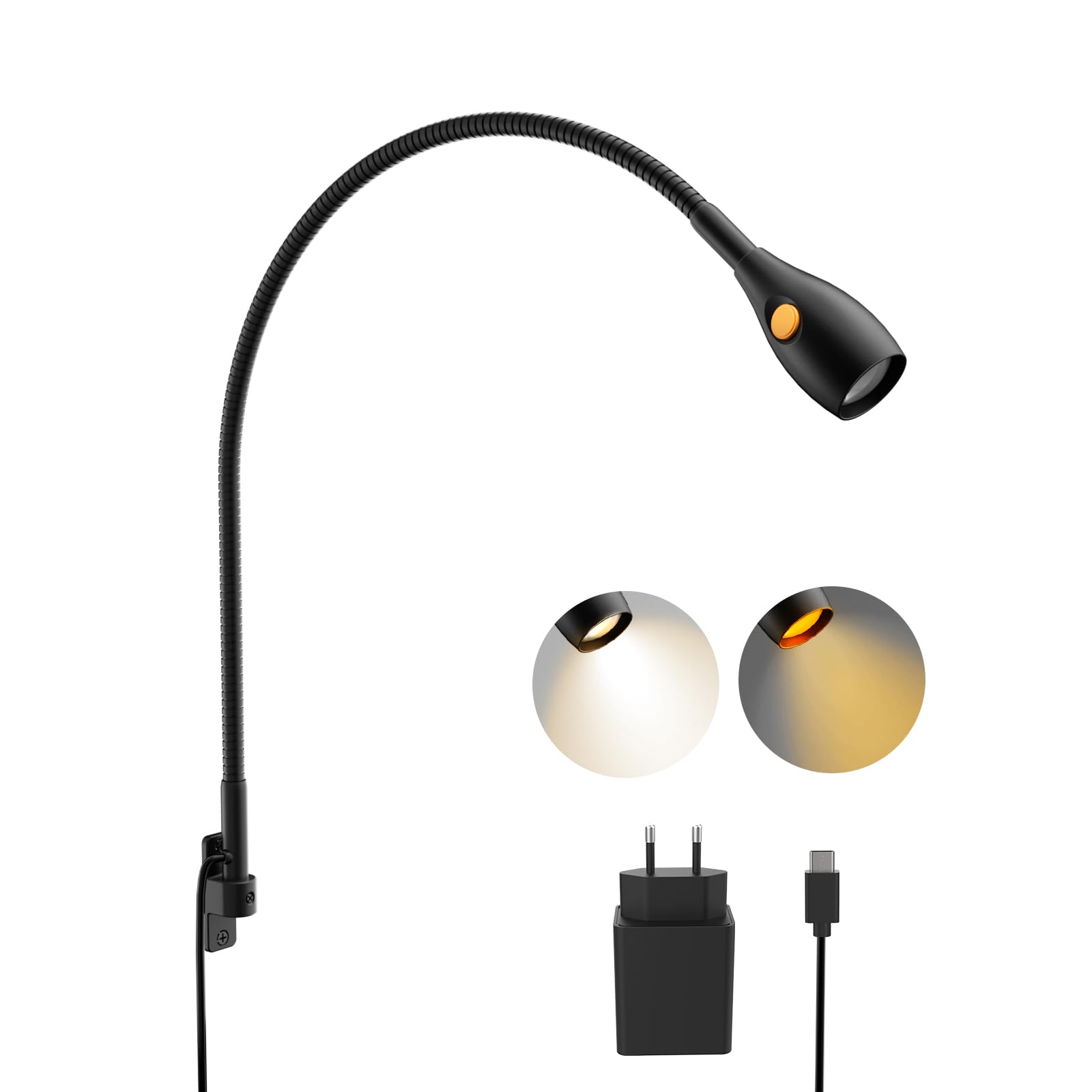 acegoo Lampada da lettura da parete, metallo luce da comodino libro dimmerabile 3000K/ambra, testa della lampada girevole, con interruttore flessibile collo d'oca nero (1 pack)