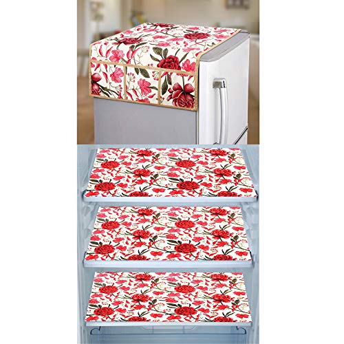 Image of Combo Set of 1 Pc Fridge Top Cover With 6 Utility Pockets and 3 Pc Fridge Mats (Red, Set of 4)