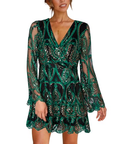 Women's Sequin Dress Long Sleeve Deep V Neck Embroidery Event Party Cocktail Mini Skater Dresses2