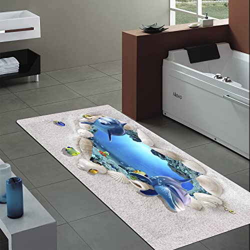 Lyfans Bath Rugs Sponge Foam Absorbent Soft For Bathroom And Kitchen (71 X 24 Inches), Flannel Mat Non Slip Bright 3D Print For Bedside And Living Room(Heart-Shaped Beach Dolphin) #TOP3