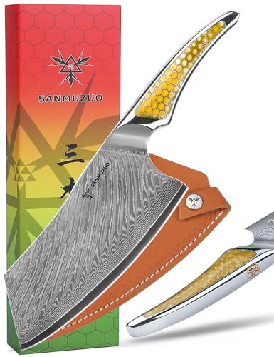 SANMUZUO Couteau Nakiri 18 CM, Couperet à viande en acier Damas japonais VG-10, Couteau à légumes ultra tranchant avec manche pleine soie en résine Jaune, série LA-S9