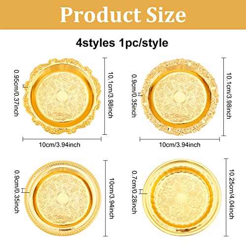 Fingerinspire 4Pcs 4 Style Iron Plate Candle Holder (Golden, 4 Inch) Flat Round Candlestick Base Retro Embossed Metal Candle Stand For Led & Wax Candles Incense Cones Spa Wedding Party Banquet #TOP1