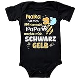 Blauer-Storch Baby Body in Schwarz Mama machte mich Süß, Papa Schwarz Gelb Geschenk zum Geburtstag für kleine BVB Borussia Dortmund Fans für Kleinkind Kurzarm Bio Baumwolle