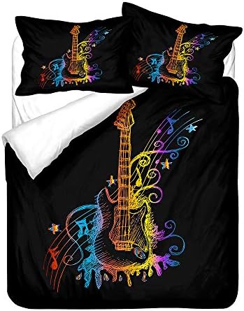 Hiser Duvet Cover Set 3 Pieces - 3D Music Guitar Note Printed Bedding Sets for Boy Girl Bedroom Single Double King Bed, Microfiber Quilt Case with Pillowcases (Gradient Guitar,135x200cm)
