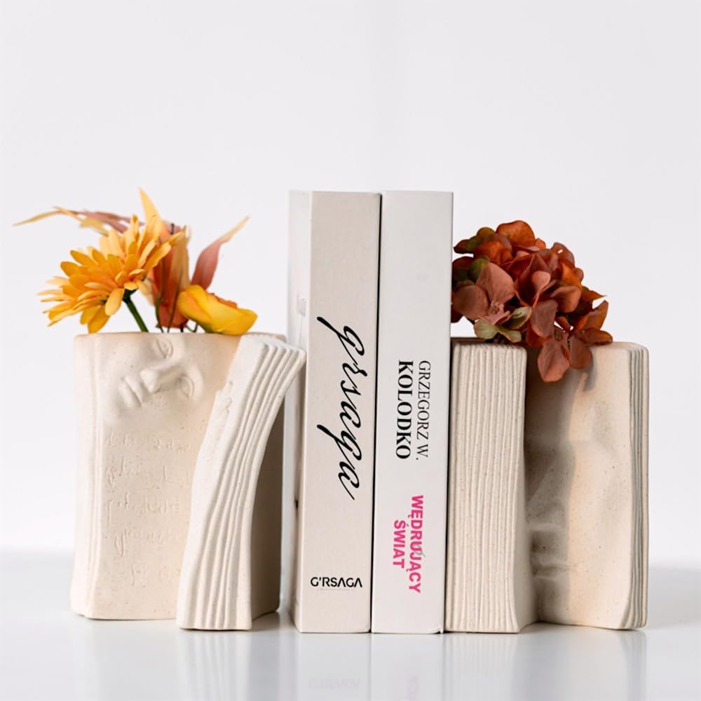 Ceramic Vase Bookends - Unique Decorative Bookend Flower Vases - Set of Two at 6.5in (16.5cm) Height - Cream White Matte Finish Modern Design - Aesthetic Home Office Library Decor