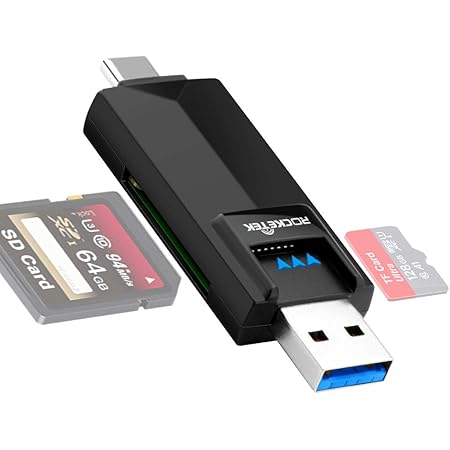 Rocketek - MicroSD, SD Card Reader/Writer. Both Type-C and USB Connectors are USB3.0 with Blazing Transfer Speeds for Android, Windows, Mac, Linux Compatible with TF, SD, Micro SD, SDXC, SDHC, MMC