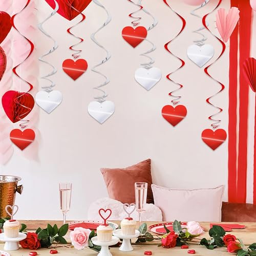 Image of BEISHIDA Happy Valentine's Day Hanging Swirls Valentine's Decorations Red Silver Heart Hanging Ornament Wedding Anniversary Engagement Proposal Party Supplies Romantic Party Decorations Pack of 15