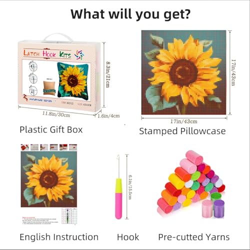Image of A Sunflower DIY Latch Hook Pillow Kits for Adults Printed Pillowcase Crochet Yarns Hooking Handmade Pillow Cover Cushion for Home Sofa Decoration 17x17inch