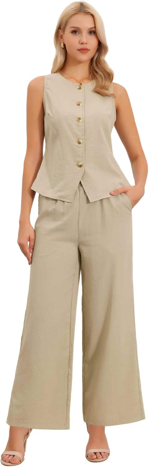 Allegra K Two Piece Outfits for Women's Linen Vest Waistcoat Dressy Casual Sets Wide Leg Pants Suits
