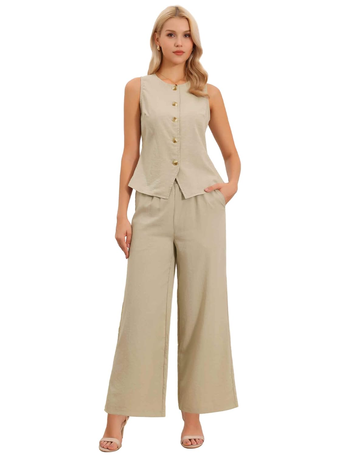 Allegra K Two Piece Outfits for Womens Linen Waistcoat Sleeveless Dressy Casual Sets Wide Leg Pants Suits