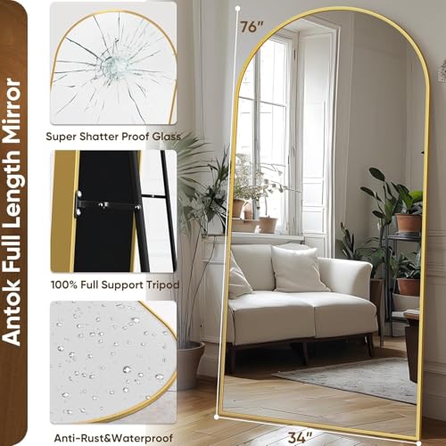 Image of Antok 71 inch x32 inch Arched Full Length Mirror with Stand, Floor Mirror, Gold