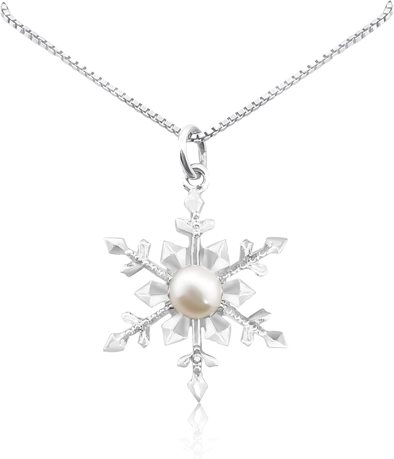 Sterling Silver Snowflake Necklace with Freshwater Pearl for Women, Holiday Present, Christmas Gift Necklace for Her
