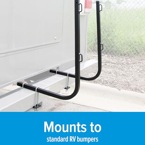 Image of Camco Rhino RV Bumper Mount Tote Tank Holder - Features a Powder-Coated Steel Construction, Heavy-Duty Straps, and Fits Both 4-inch and 4-1 /2-inch Bumpers (39010) | Powder-coated steel frame, zinc-coated hardware, 2 polyester cam straps, holds 15, 21, 28 and 36 gallon portable waste tanks