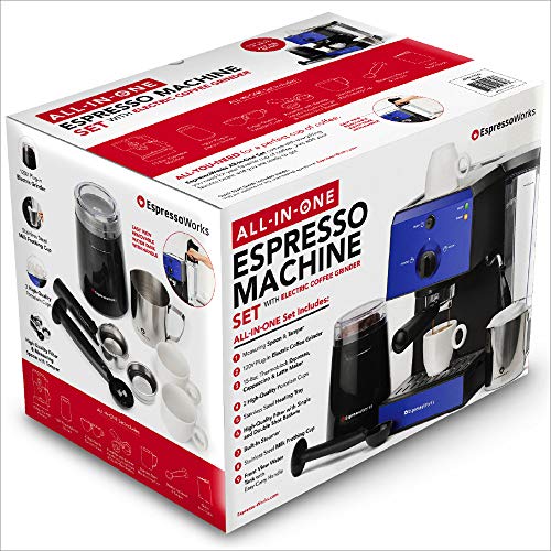 Espresso Machine & Cappuccino Maker with Milk Steamer- 15 Bar Pump, 7 Pc All-In-One Barista Bundle Set w/ Built-in Frother (Inc: Coffee Bean Grinder, Milk Frothing Cup, Tamper & 2 Cups), 1350W (Blue)