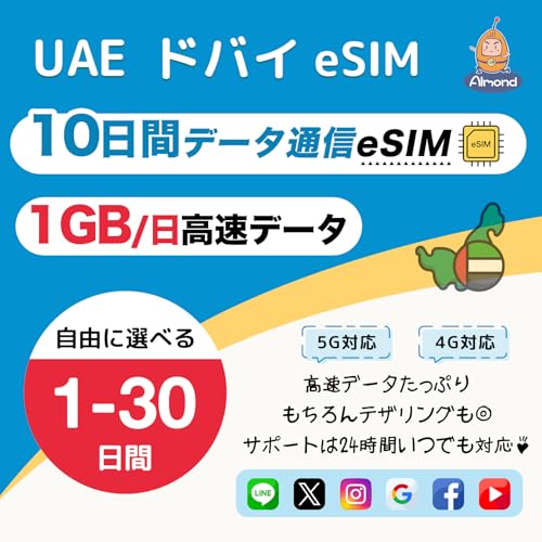 �yAlmond eSIM�zUAE �A���u�񒷍��A�M �h�o�C 10���� 1GB/�� �����f�[�^�ʐM+�ᑬ������ 5G 4G-LTE �����ʐM�b�������s�E�������p�� ����SIM�s�v�bUAE Dubai �v���y�C�hSIM�b24���ԑ�����T�|�[�g (10���ԍ����f