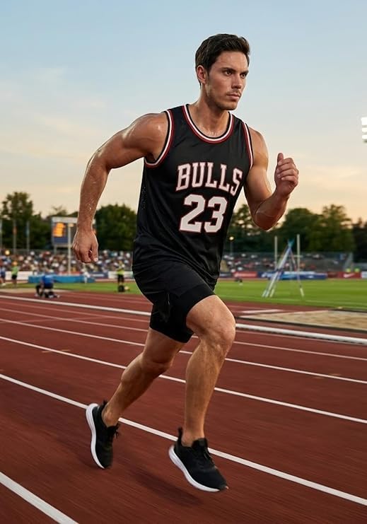 Image of AKAR Men's Basketball Jersey Sleeveless Athletic Vest, Bulls 23 Print, Black, Lightweight Breathable Performance Shirt for Gym & Fitness