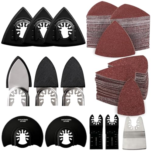 161Pcs Oscillating Tool Sanding Pad Kit, Includes 3Pcs Triangle Sanding Pads, 3Pcs Finger Sanding Pad, 150Pcs Sandpaper and 5 Saw Blades, for Wood Polish Sanding, & Other Surfaces