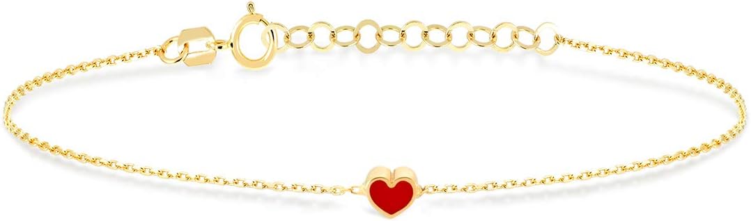 Solid 10K Gold Red Enamel Heart Bracelet for Women - Minimalist Heart Charm Bracelet
