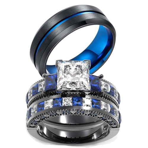 ringheart Couple Rings Black Matching Ring 1.5CT AAA CZ 2pcs Women Wedding Ring Sets for Him and Her Rings Men Band