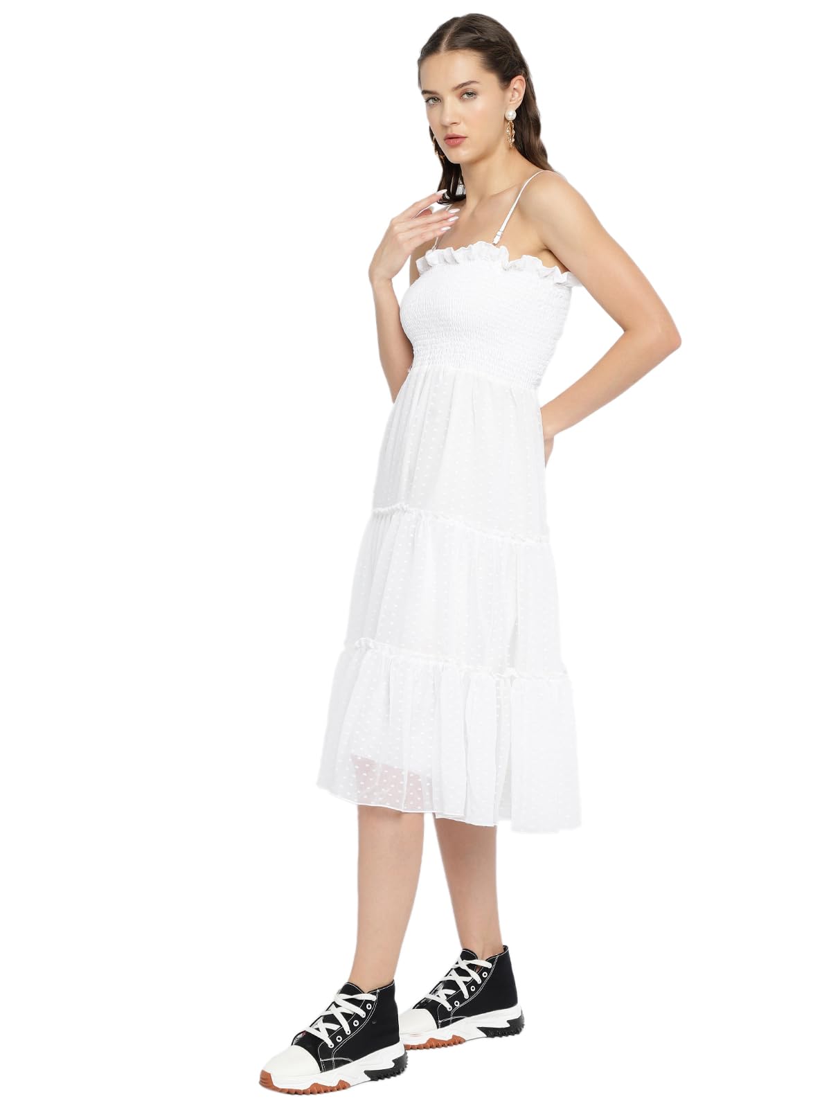 Avanova Jacquard Georgette Butti White Off Shoulder Knee Length Western Dresses For Women (Dress 74 White 2Xl)
