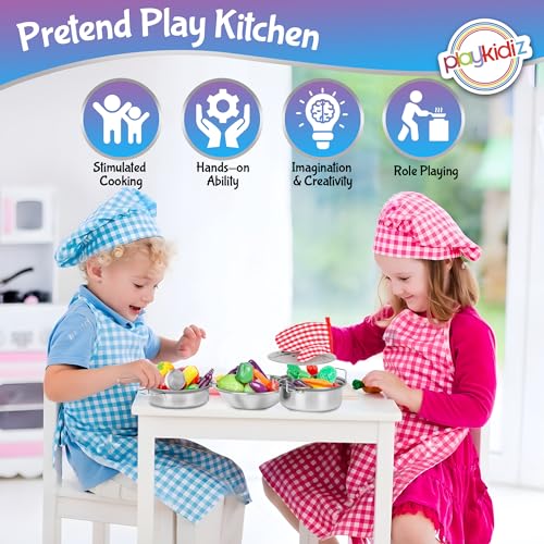 Playkidz Stainless Steel Pots and Pans - Toy Cookware 9 Piece Playset for Kids Pretend Play House - Great Birthday Gift for Girls - Image 6