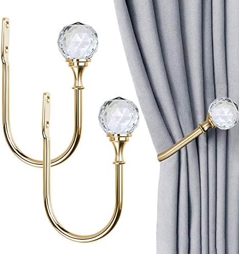 Curtain Drapery Holdbacks, 2 Pack U Shaped Decorative Wall Curtain Rod Hooks with Clear Crystal Ball, Window Treatment Tiebacks (Gold)