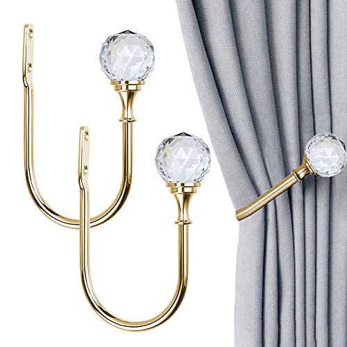 Curtain Drapery Holdbacks, 2 Pack U Shaped Decorative Wall Curtain Rod Hooks With Clear Crystal Ball, Window Treatment Tiebacks (Gold) #TOP22