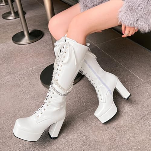 Chunky Platform Knee High Heeled Boots, Pearl Chain Round Toe Big Large Size Lace-up Wide Calf Long Shoes 11.5cm4