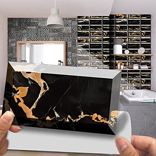 Stick on Tiles Black Orange Marble Tile Stickers PVC Self Adhesive Wall Tiles Heat Resistant Tile Stickers for Kitchen Bathroom Waterproof Peel and Stick Floor Tiles Tile Paint 24 pcs