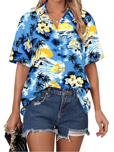Image of ASTANFY Hawaiian Shirt Women Hawaii T-Shirt Tropical Floral Printed V Neck Shirts Soft Cool Summer Beach Button Up Blouse