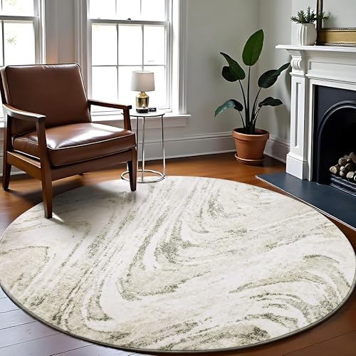 Image of Carvapet Modern Abstract Round Rug 4ft Rugs Washable Low Pile Circle Area Rug with Non Slip Rubber Backing, Foldable Soft Beige Carpet for Living Room Bedroom Home Decor