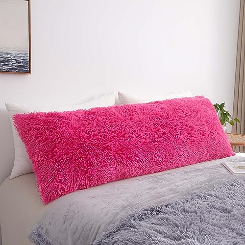 MEGO Luxury Fluffy Faux Fur Body Pillow Cover 20x54 with Zipper, Hot Pink