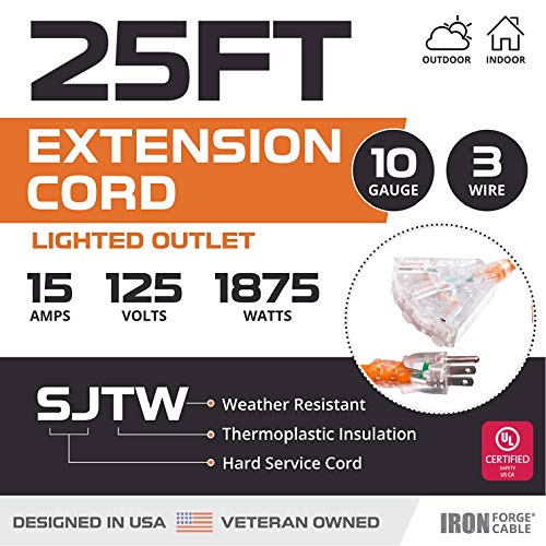 Iron Forge Cable 10 Gauge 25ft Lighted Outdoor Heavy Duty Extension Cord with 3 Outlets - 15 Amp 10/3 SJTW Orange Extension Cord with Multiple Outlets by IRON FORGE CABLE - Used condition - Image 2