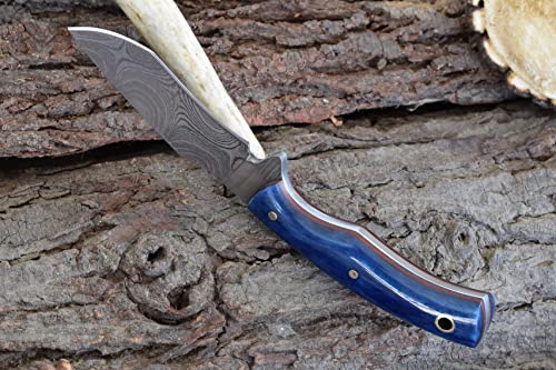 Hand-Made Packed-Down Tactical Knife With Blue Stained Cattle Bone Handle - Cross-Draw Cowboy Sheath (3185-Blu) #TOP5