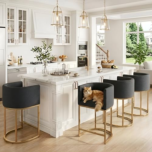 Image of HNY Charcoal Modern Barrel Counter Height Clearance Bar Stools Set of 4, 24 Inch Linen Kitchen Barstools with Back for Island, with Gold Metal Tubular Frame