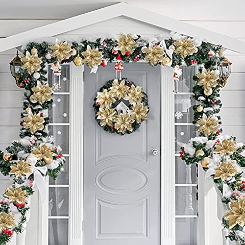 NUOBESTY Christmas Flowers, Artificial Poinsettia Glitter Flowers with Clips and Stems Xmas Tree Ornament Christmas Wreath for Christmas Hanging Decoration Party Supplies 12pcs Gold