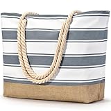Becokan Beach Bags for Women Large Canvas Jute Beach Tote Waterproof Sandproof Swim Pool Bag Travel Vacation Essentials