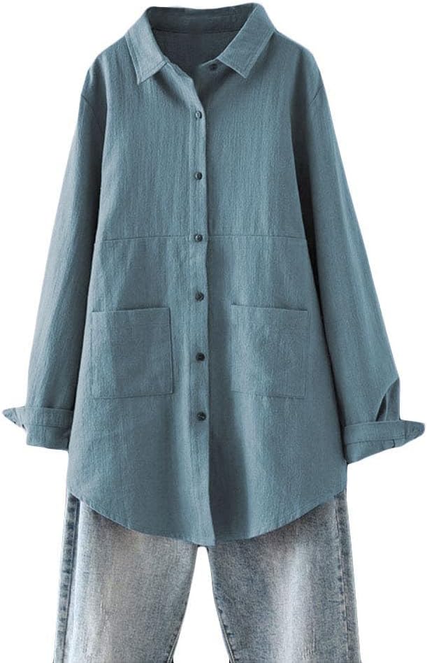 Women's Linen Shirts Button Down Long Tunic Tops Plus Size Blouse with Pockets