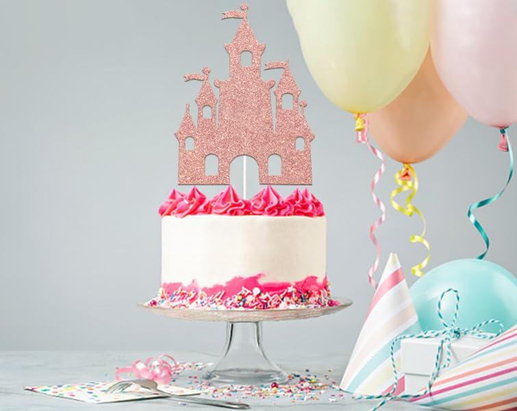 Décoration De Gâteau Château Princesse - Paillettes Rose Et Or - 12x14 Cm - Pour Anniversaire, Mariage