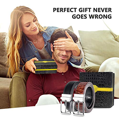 Sharlovy Genuine Leather Belts For Men Dress 2 Pack- Cowhide Bovine & Crocodile Reversible Belts For Mens Adjustable Belts Casual Dress Black Belt Brown For Work-Trim To Fit 26-28 #TOP6