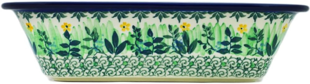 Polmedia Polish Pottery Rectangular Baker UNIKAT - Green Tranquility Pattern Handmade in Boleslawiec Poland by Ceramika Artystyczna + Certificate of Authenticity
