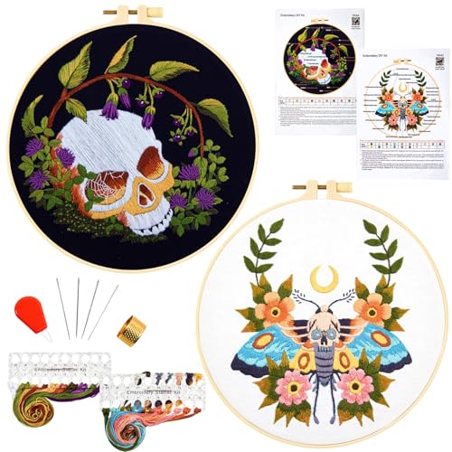 Gothic Skull Embroidery Starter Kits for Beginners Adults, Halloween Stamped Cross Stitch Kit for Beginners Adults, Flowers Hand Embroidery Needlepoint Kit, 2 Embroidery Hoop (Attached Video Tutorial)