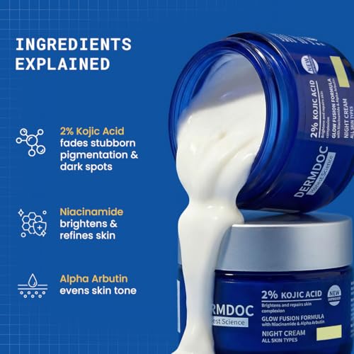 Image of DERMDOC 2% Kojic Acid Glow Fusion Formula Night Cream, 80gm | Niacinamide & Alpha Arbutin | Skin Brightening Face Cream | Reduces Dark Spots & Pigmentation | Even & Glowing Skin