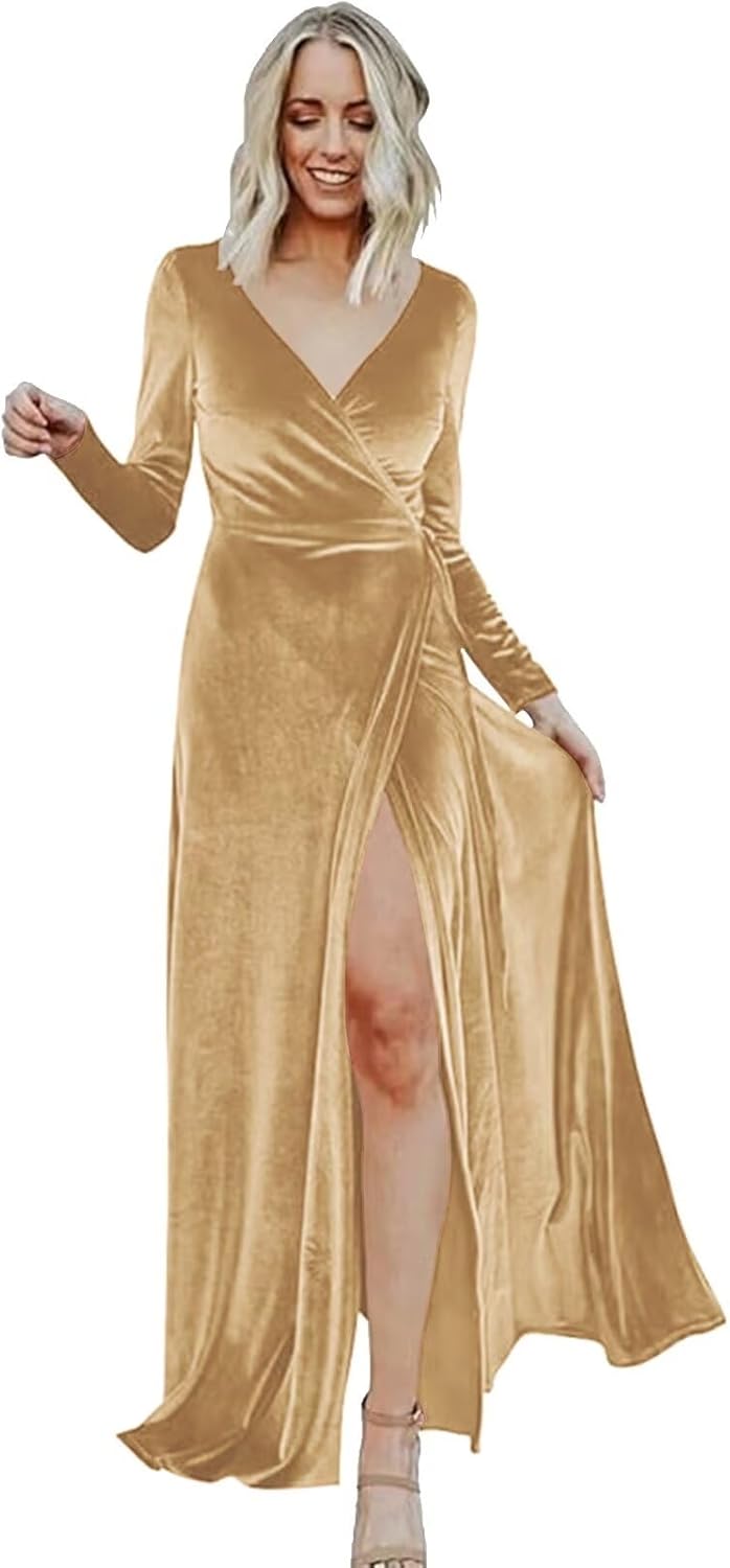 Velvet Formal Bridesmaid Dresses for Women V Neck Long Sleeve Evening Gowns
