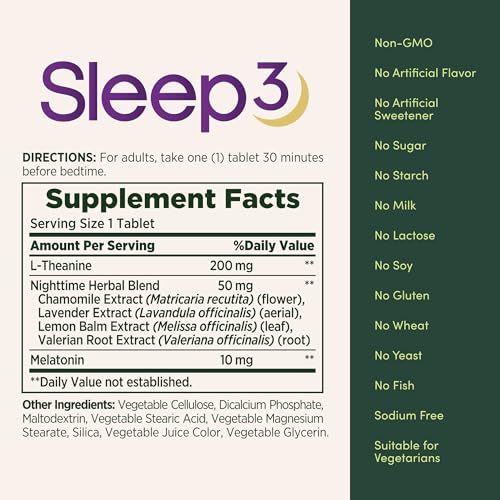 Nature's Bounty Melatonin, Sleep3 Maximum Strength 100% Drug Free Sleep Aid, L-Theanine & Nighttime Herbal Blend Time Release Technology, 10mg, 30 Tri-Layered Tablets - Image 6
