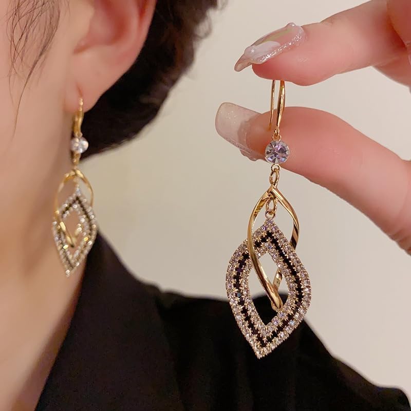 Black and Gold Earrings for Women Gold Dangle Earrings Long Swirl Infinity Drop Earring Double Linear Spiral Teardrop Earring Elegant Bridal Jewelry for Brides2